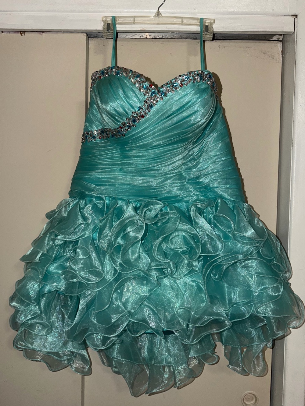 Women’s Teal Ruffled Party Dress with Beaded Bodice